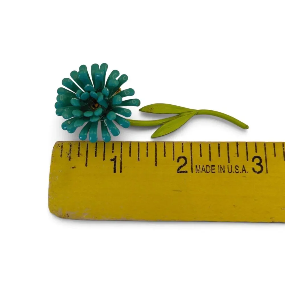 Vtg Estate Painted Metal Blue Mum Daisy Stem Leaves MCM Flower Brooch 2.75